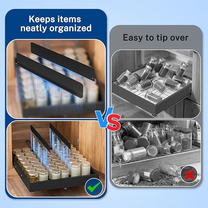 Pull Out Cabinet Organizer Expandable (12.4"-20.08")W & (16.26"-22.44")D, Insputer Slide Out Drawers for Kitchen, Pantry with 2Pcs Magnetic Panel, 3 Slide Rail, No Drill Adhesive Roll Out Shelf Black