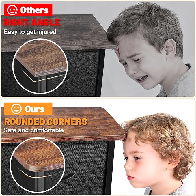Curved Profile Dresser for Bedroom, Chest of Drawers, 10 Storage Drawers Organizer Unit, Black Dresser with Fabric Bins for Closet, Living Room, Kid Room (Black and Rustic Brown)
