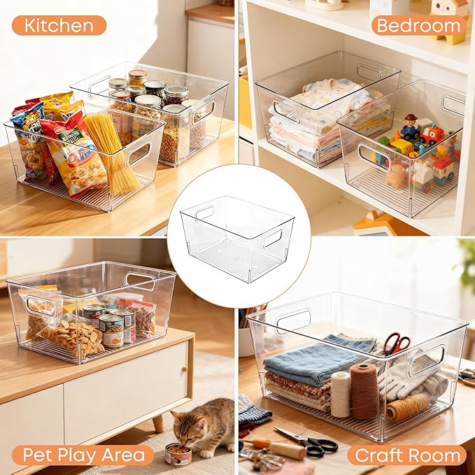 MOONEDGE 4 Pcs Clear Plastic Storage Bins, 11"x8"x6" Food-Grade Stackable Containers with Handles and Open-Top Design, Durable Pantry Organizer for Kitchen, Bathroom, Office, Fridge & Closet