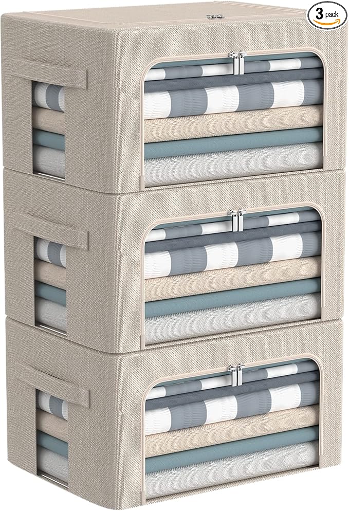 CYhom 3Pack Foldable Storage Bins - Frame Storage Box Linen Fabric Stackable Clothes Container Organizer with Clear Window & Carry Handles Large Capacity (Small-22L, Beige)