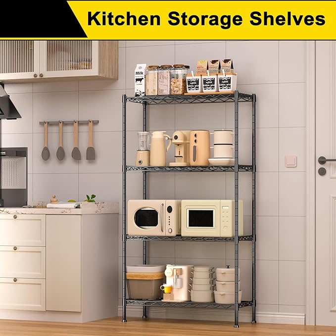 GIOTORENT 4-Wire Garage Shelving Storage Shelves, Metal Shelf Organizer 1400Lbs Capacity, Kitchen Storage Adjustable Shelf for Laundry Bathroom Pantry Closet, Black 36.2''L x 14''W x 53.4''H