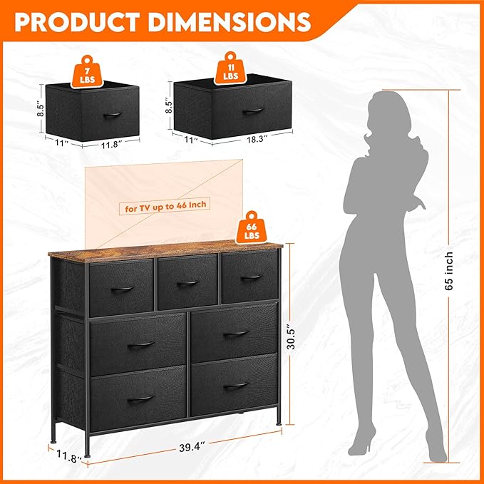 Dresser for Bedroom with 7 Drawers, Chest of Drawers, Storage Drawers Organizer Unit, Black Wide Fabric Dresser with Fabric Bins for Closet, Living Room, Entryway (Black and Rustic Brown)