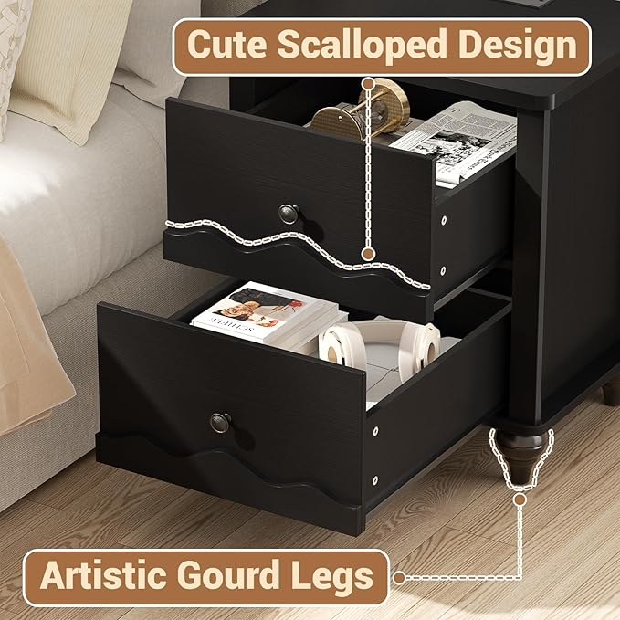 Cyclysio Nightstand Set of 2 with Charging Station, Side End Table with 2 Drawers, Modern Wood Night Stand Set 2 with Scalloped Pattern for Bedroom, Bedside Night Tables with Solid Wood Gourd Legs