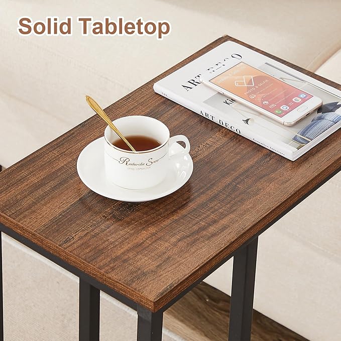 VECELO C Shaped End Side Table for Sofa Couch and Bed Snack TV Tray for Living Room Bedroom, 2 PCS, Brown