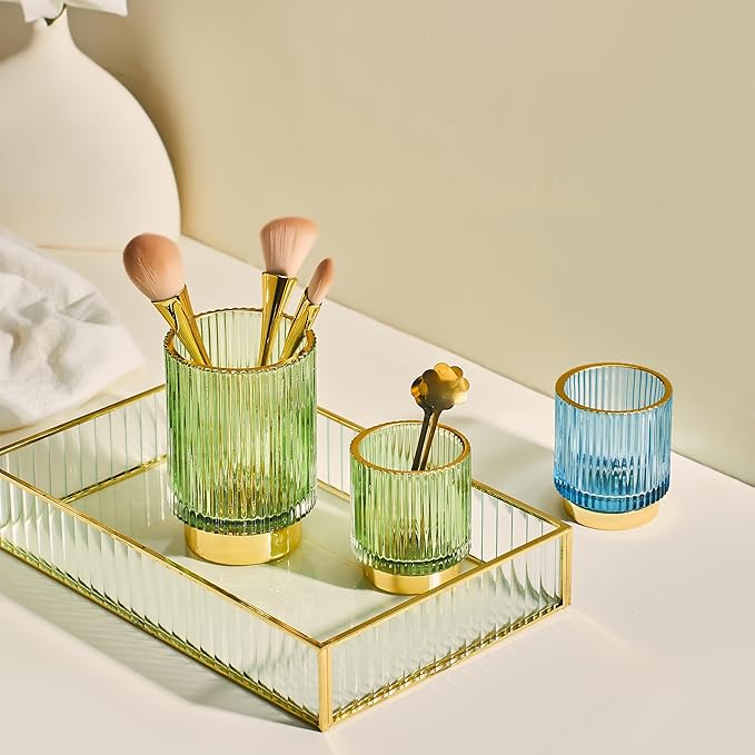 Makeup Brush Organizer, Toothbrush Holder, Desk Pen Pencil Holder, Multifunctional Vintage Glass Brush Cup (S/Gold/A3-12-US)