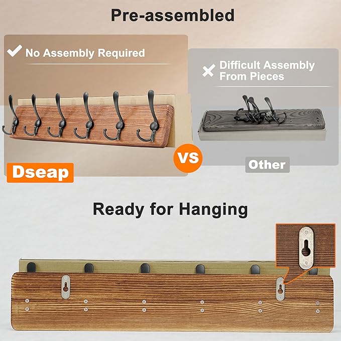 Dseap Coat Rack Wall Mounted - 24" Long 6 Tri Hooks, Heavy Duty Wooden Wall Coat Hanger Coat Hook for Clothes Hat Jacket Clothing, Weathered Yellow and Black