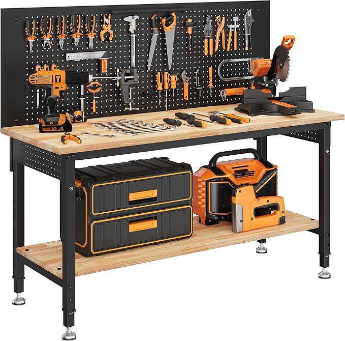 60" Work Bench Adjustable Height with Storage Shelf, Max Load 2000 LBS Heavy Duty Rubberwood Tabletop with Pegboard, LED Light, Built-in Power Strip for Woodworking Shop, Garage, Home