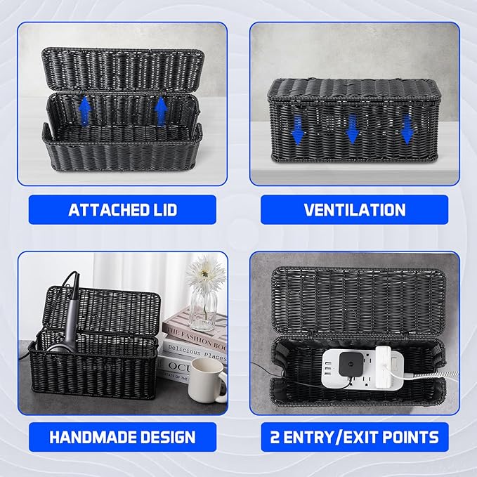 Cable Management Box, Handmade Rattan Cable Organizer, 2 Open Slots Cords Hider Box, Under Desk Cord Organizer for Computer Router USB Hub & Power Strip, Patent Pending, 13" x 5.1" x 5.1", Black