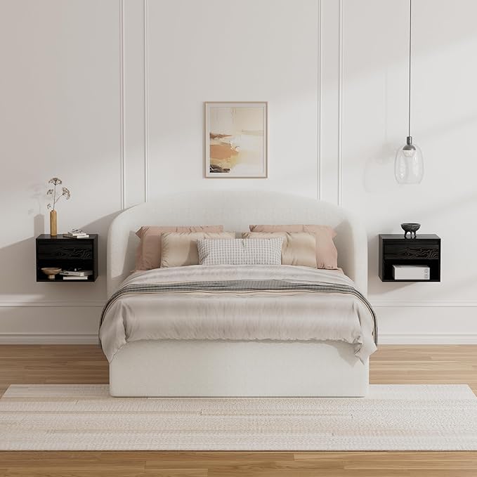 Floating Nightstand Set of 3, Wall Mounted Bedside Table with Storage Drawer and Open Shelf, Modern Night Stand with Handless Design for Living Room, Bedroom, Dorm, Black