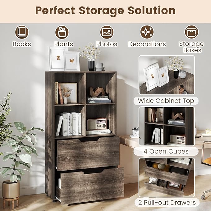 GOFLAME 4-Tier Bookcase with 2 Drawers, 51” Tall Bookshelf with 4-Cube Open Shelf, Wood, Modern, Freestanding Display Storage Organizer Shelf for Living Room, Home Office (2,Gray)
