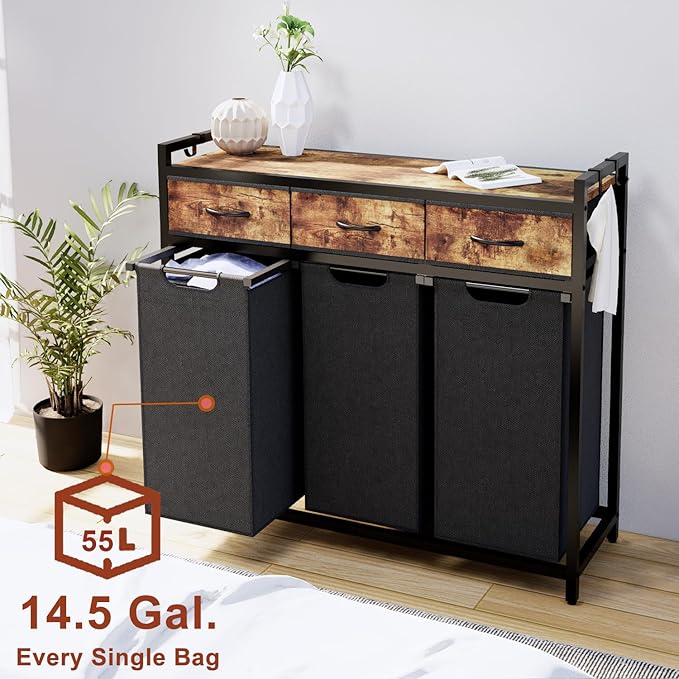Laundry Hamper, Laundry Sorter 3 Section, Rolling Laundry Basket with Wheels, 3 Drawers, 3 × 14.5 Gal (55 L), Pull-Out and Removable Oxford Fabric Bags, Black and Rustic Brown