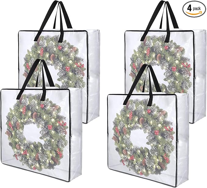 4 Pack Wreath Storage Bag, 26 Inches 90 L Wreath Storage Container, Reinforced Handles & Smooth Zippers, Foldable Large Storage Bags for Christmas/Seasonal Wreaths, Clothing, Bedding, Blankets, Toys