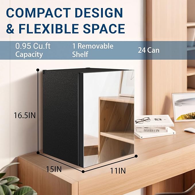 24 Cans/20L Beverage Refrigerator Cooler and Skincare Mini Fridge with Mirrored Front Door & Temperature Control, Countertop Small Fridge for Soda, Beer and Cosmetics, Skincare