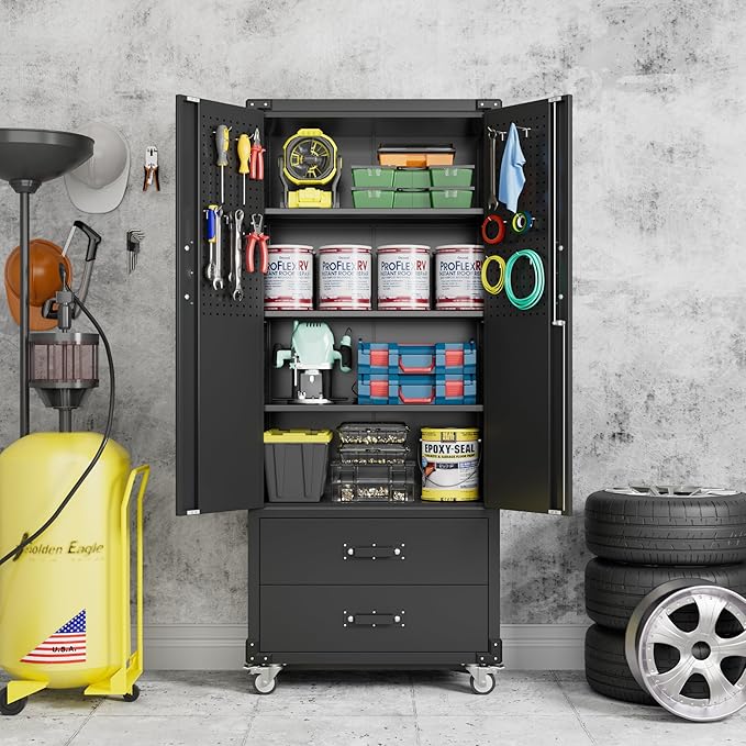 Upgraded Metal Garage Storage Cabinet with Wheels and 2 Drawers, Rolling Tool Cabinet with 3 Shelves and Pegboard Behind The Door for Home Office Garage,Assembly Required,Black