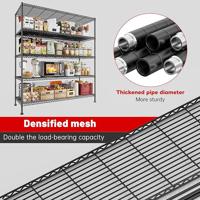 REIBII 45.8“W Storage Shelves Metal Shelving, 5-Tier Wire Shelving, Sturdy Garage Shelving, Adjustable Storage Rack for Pantry Kitchen Dining Room Supermarket Commercial