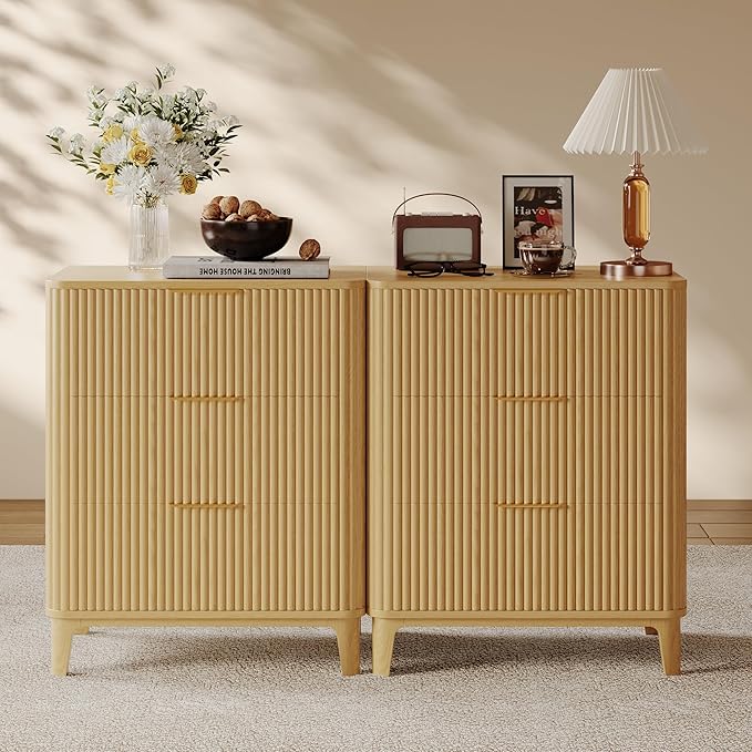 3 Drawer Fluted Dresser for Bedroom, Modern Closet Dressers Chest of Drawers, 23.6" Rustic Wood Nightstand 3-Drawer Dresser Bedside Table, Curved End Table with 3 Large Drawers for Living Room Natural