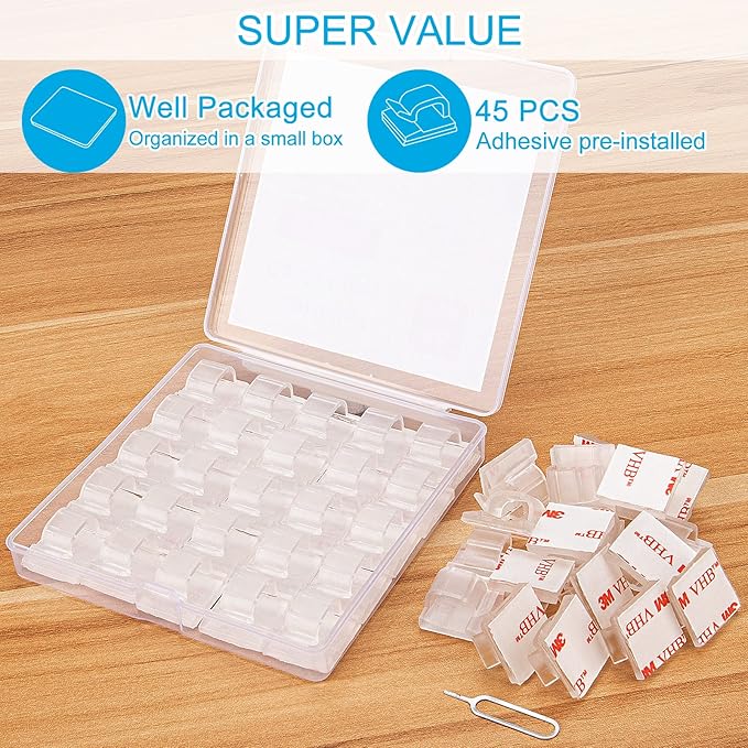 Adhesive Cable Clips Cord Organizer Clear (45 PCS, Large), Outdoor Light Clips for Christmas String Lights, Wall Wire Holder Clips for Ethernet Cable Management Under Desk, Led Light Hooks