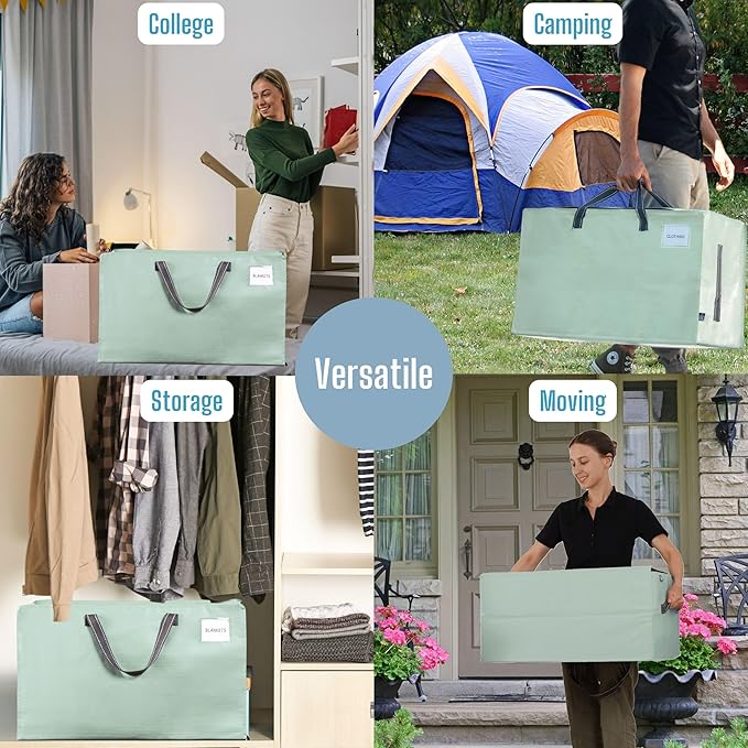 VENO 6 Pack Moving Bags and Large Christmas Decoration Storage Bins with lids. Alternative to Moving Boxes, Packing Supplies for College. Heavy Duty Totes (Shiny Light Green, 6 Pack)