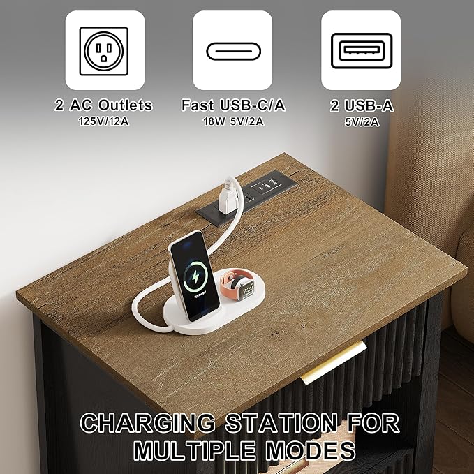 HIFYOBRO Fluted Nightstands Set of 2 with Charging Station & Motion Sensor Light, Modern Bedside Tables with 2 Drawers and Storage Shelf for Bedroom, Black