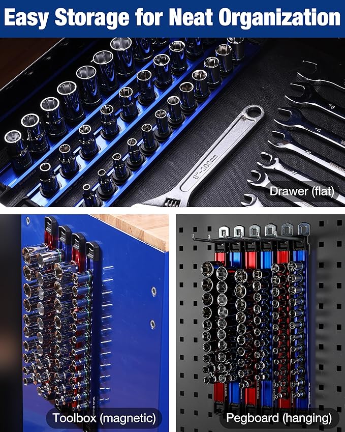 WORKPRO Magnetic Socket Organizer, 1/2" Drive Aluminum Alloy Socket Holder, Heavy Duty Socket Rail with 10 PC Removable Socket Clips, Socket Organizer Tray for Tool Box Drawer (Sockets Not Included)