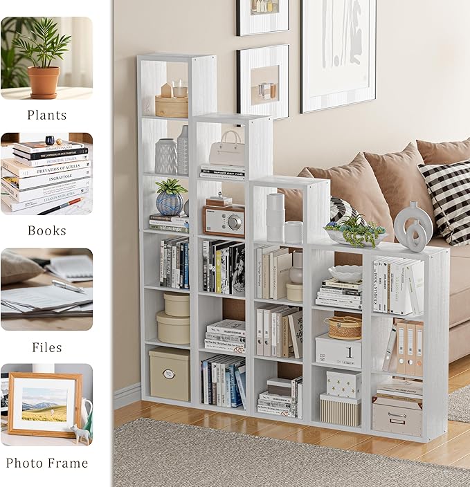 Tall Cube Storage Organizer Bookcase, 6 Tier 11 inch Open Back Cubical Shelf with Thickened Border, Display Bookshelf for Living Room, Home Office, Sturdy Room (White, 6 Cube,Vertical)