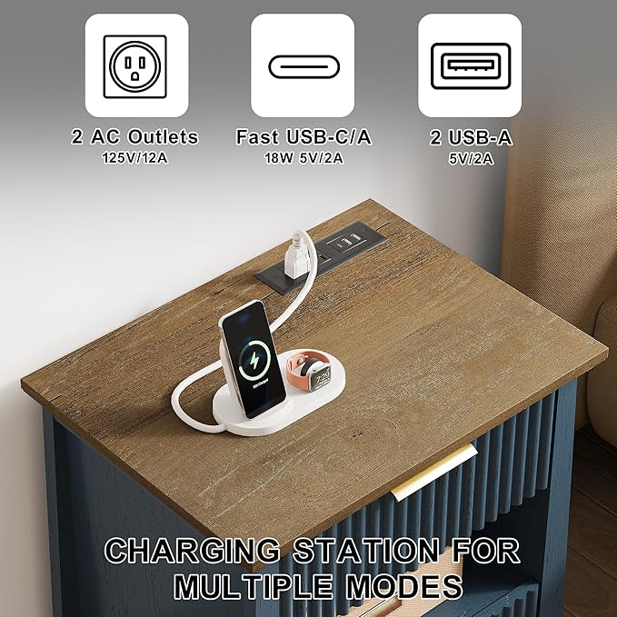 HIFYOBRO Fluted Nightstands with Charging Station & Motion Sensor Light, Modern Bedside Tables with 2 Drawers and Storage Shelf for Bedroom, Living Room,Blue