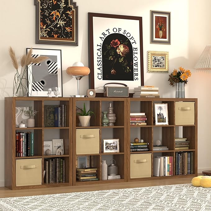 Bookshelf with Storage Bin, 4-Cube Storage Organizer, Modern Wood Open Bookcase, Multifunctional Display Shelf for Living Room, Bedroom, Home Office, Classic Oak