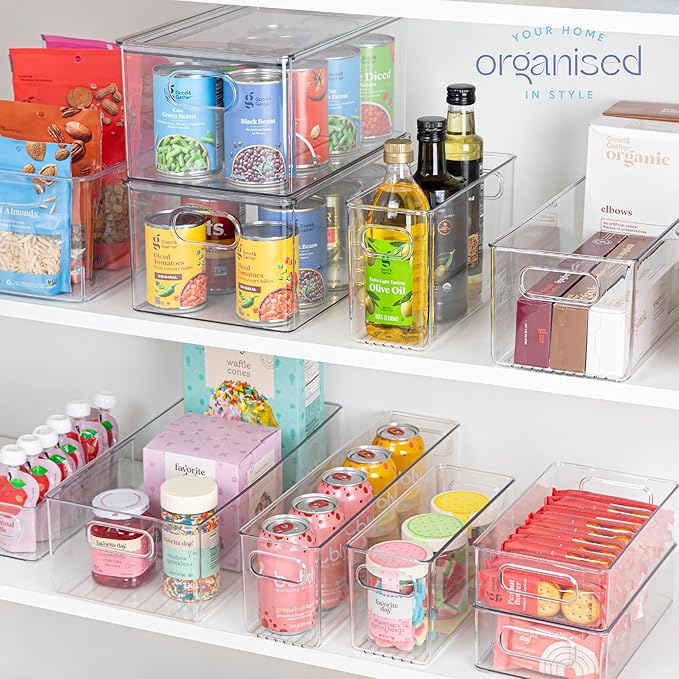 primebox Plastic Food Storage 2 Pack Clear Container Bin with Handles for Organizing Kitchen, Pantry, Refrigerator, Freezer, Pantry, Cabinet, Closet, Bathroom. 10”x4”x6”