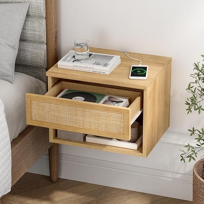 Rattan Floating Nightstands Set of 2, Wall Mounted End Table with Drawer and Open Compartment Modern Wood Bedside Night Stand Storage Cabinet for Bedroom Living Room, Natural Oak