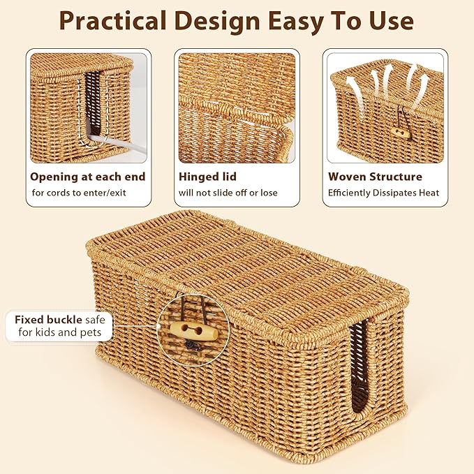 Cable Management Box, Handwoven Faux Rattan Cord Organizer with Lid, 2 Open Slots Cable Organizer Box, Decorative Cord Hider for Tv Computer USB Hub & Power Strip Holder