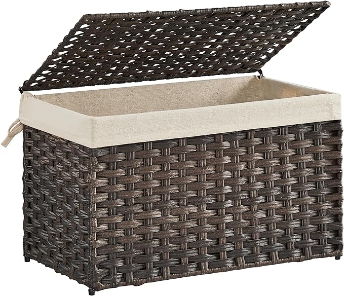 SONGMICS Storage Basket with Lid, Woven Blanket Storage Bin with Handles, Foldable, Removable Liner, Metal Frame, for Bedroom, Laundry Room, 17.2 Gallons (65 L), Brown URST56BR