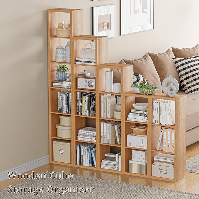 Tall Cube Storage Organizer Bookcase, 6 Tier 11 inch Open Back Cubical Shelf with Thickened Border, Display Bookshelf for Living Room, Home Office, Sturdy Room (Natural Oak, 6 Cube,Vertical)