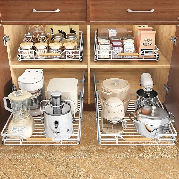 Pull out Cabinet Organizer, 15"W X 21"D, Heavy Duty Smooth Sliding Under Cabinet Shelves for Pots and Pans, Full-Extension Roll out Drawers, Slide out Organization for Home Kitchen Pantry, White