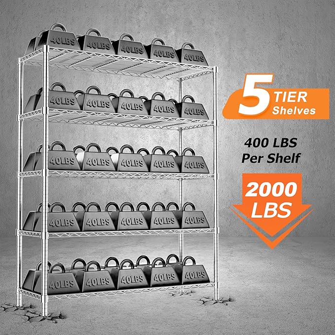 Storage Shelves Heavy Duty, 4 PCS 48" L x 20" W x 72" H Garage Wire Shelving Unit Loads 2000LBS, 5-Tier Adjustable Metal Industrial Utility Shelf Rack for Kitchen, Laundry Room, Warehouse, Basement