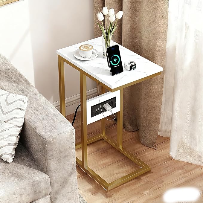 VECELO C Shaped End Side Table with Charging Station & Power Outlets for Couch Sofa/Bed, Snack TV Tray with Metal Frame for Living Room Bedroom 2 PCS, Gold