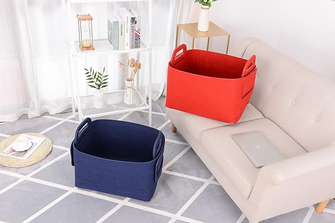 Storage Basket Felt Storage Bin Collapsible& Convenient Box Organizer with Carry Handles for Office Bedroom Closet Babies Nursery Toys Laundry (Navy Blue, 17.9inch（L）×12.2inch（W）×11.6inch（H）)