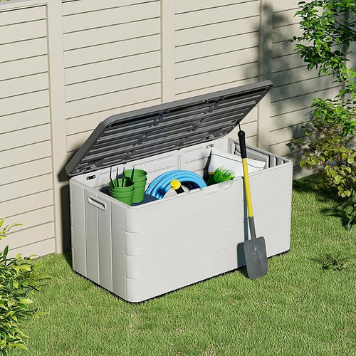 100 Gallon Plus Resin Deck Box, Waterproof Outdoor Storage Box for Patio Furniture, Garden Tools, and Pool Accessories, Lockable UV-Resistant Storage Bin Bench Cabinet for Outside, White