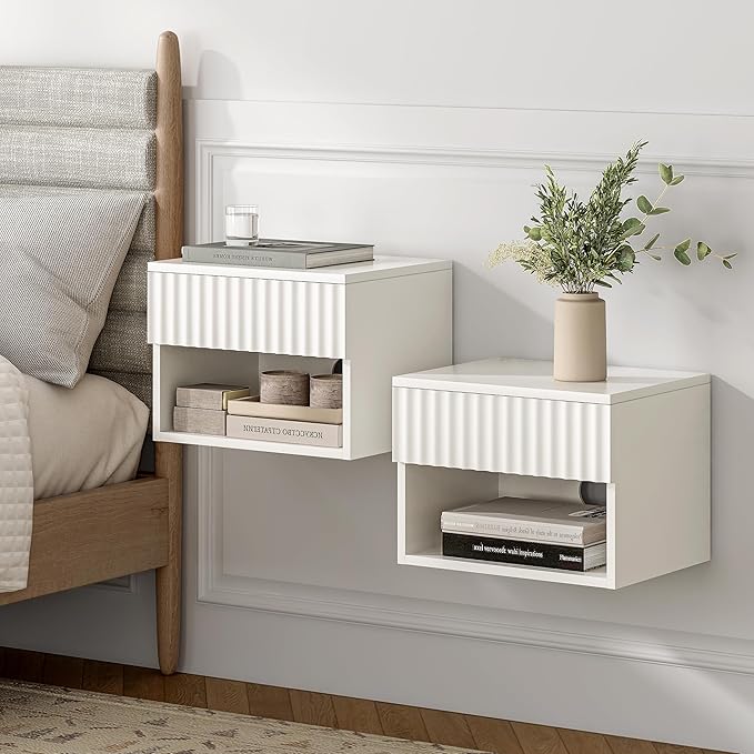 Floating Nightstand with Drawer and Open Shelf, Small Wall Mounted Bedside End Table, Modern Fluted Night Stand for Bedroom, Living Room, White