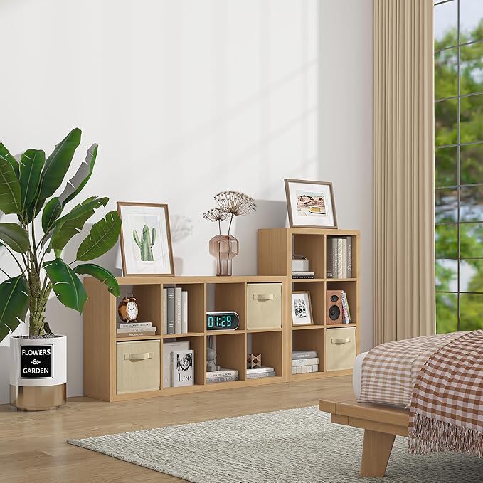 furtble Bookshelf with Storage Bins, 8-Cube Storage Organizer, Modern Wood Open Bookcase, Multifunctional Display Shelf for Living Room, Bedroom, Home Office, Oak