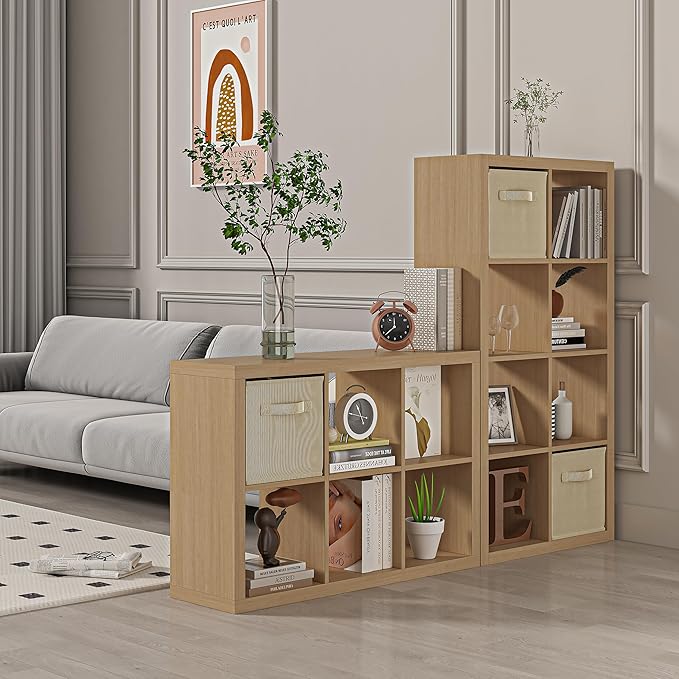 furtble Bookshelf with Storage Bins, 12-Cube Storage Organizer, Modern Wood Open Bookcase, Multifunctional Display Shelf for Living Room, Bedroom, Home Office, Oak