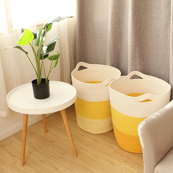 Sea Team Large Size Cotton Rope Woven Storage Basket with Handles, Laundry Hamper, Fabric Bucket, Drum, Clothes Toys Organizer for Kid's Room, 20 x 14 inches, Round Open Design, White & Yellow