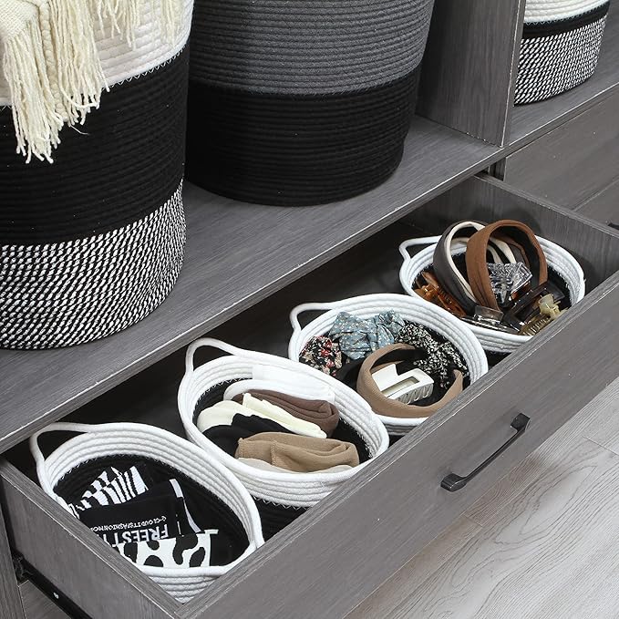 Sea Team 2-Pack Cotton Rope Baskets, 10 x 3 Inches Small Woven Storage Basket, Fabric Tray, Bowl, Round Open Dish for Fruits, Jewelry, Keys, Sewing Kits (Black & White)