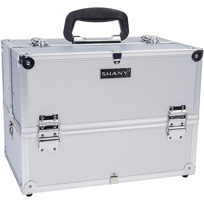 SHANY Essential Pro Makeup Train Case Cosmetic Box Portable Makeup Case Cosmetics Beauty Organizer Jewelry storage with Locks, Multi Compartments Makeup Box and Shoulder Strap - Silver