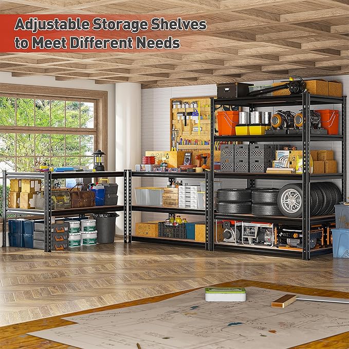 REIBII 2020LBS Storage Shelves 5 Tier Garage Shelving Heavy Duty, Adjustable Metal Shelving, Garage Shelves for Basement, Warehouse, Pantry, Closet, Kitchen 72" H x 35.55" W x 16" D, Black, 4 Pack