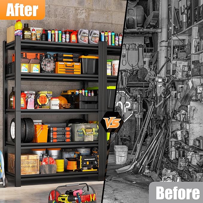 63" H Garage Shelving 5-Tier Heavy Duty Storage Shelves, Adjustable Metal Shelving Unit, Utility Garage Organizer Shelf, for Basement, Pantry, Warehouse,Supermarket