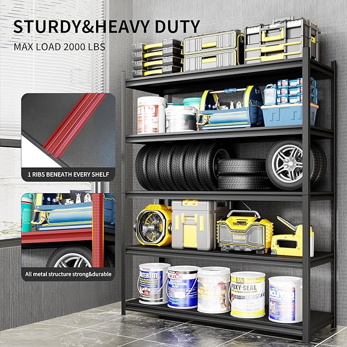 Metal Garage Shelving, Adjustable 5-Tier Heavy Duty Shelving, 3000 LBS Garage Shelving Unit and Storage，Heavy Duty Shelves for Basement,Warehouse，Kitchen (23.6" D*47.2" W*72" H)