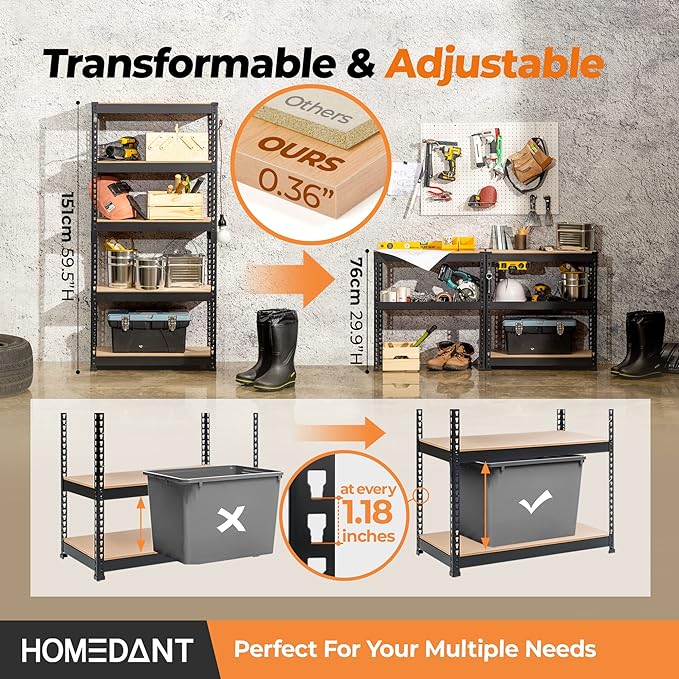 HOMEDANT 5 Tier Storage Shelves Adjustable Laminated Boltless Garage Metal Shelving Unit Heavy Duty Utility Rack Shelf Warehouse Pantry Closet Kitchen (10, (S) 28" W, Black)