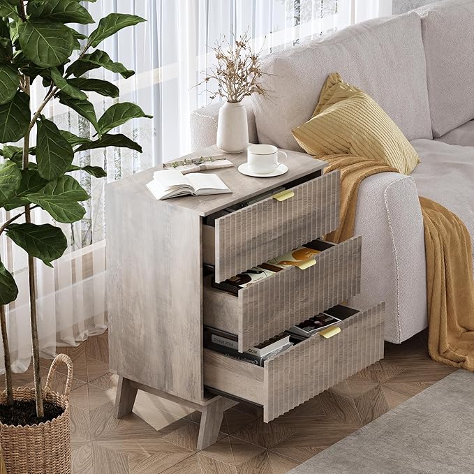 Grey Night Stand with 3 Drawers, Bedside Table & End Table, 24" Wide Mid Century Modern Fluted Wood Nightstand with Metal Handles, Farmhouse Night Stands for Bedroom, Gray