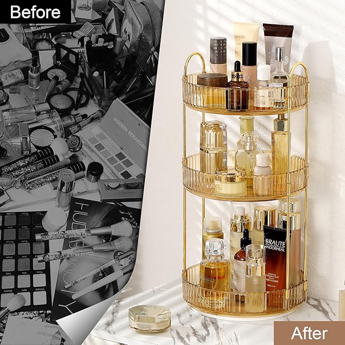360 Rotating Makeup Organizer for Vanity, Bathroom Countertop Spinning Perfume Organizer, High-Capacity Cosmetic and Skincare Dresser Make Up Holder Rack (3 Tiers, Yellow)