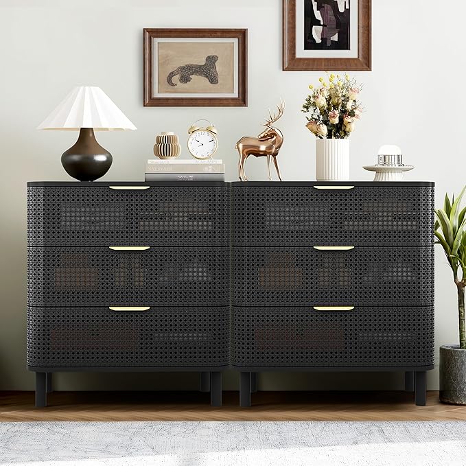 ORRD 3 Drawer Dresser Set of 2, Modern Iron Rattan Cabinet Dresser for Bedroom, Large Nightstand Accent Storage Chest of Drawers for Living Room, Bedroom - Black
